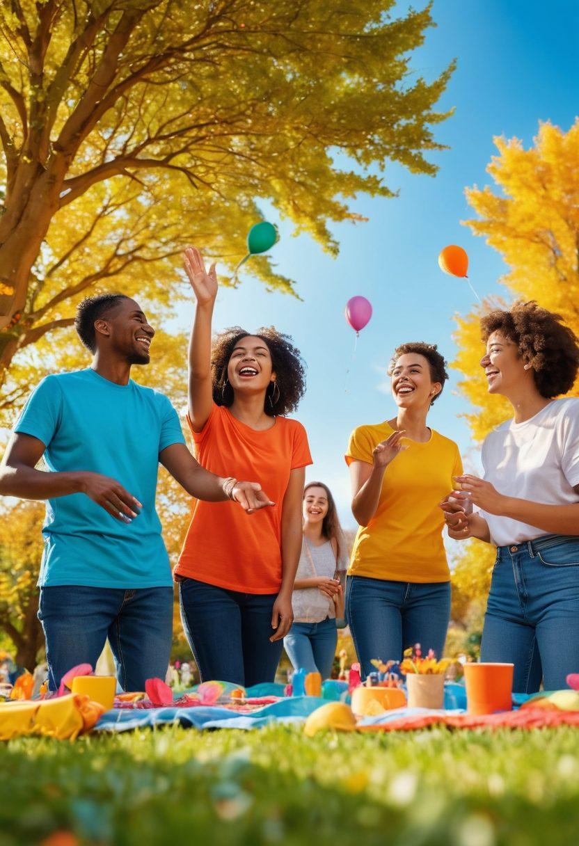 A vibrant, joyful scene depicting a diverse group of people engaged in various activities that promote happiness despite hearing loss, such as sharing stories with expressive body language, enjoying nature, and participating in a community event. Include colorful decorations, a clear blue sky, and symbols of communication like sign language and visual aids. The atmosphere should be uplifting and celebratory, emphasizing connection and positivity. bright colors. cheerful ambiance. warm sunlight.