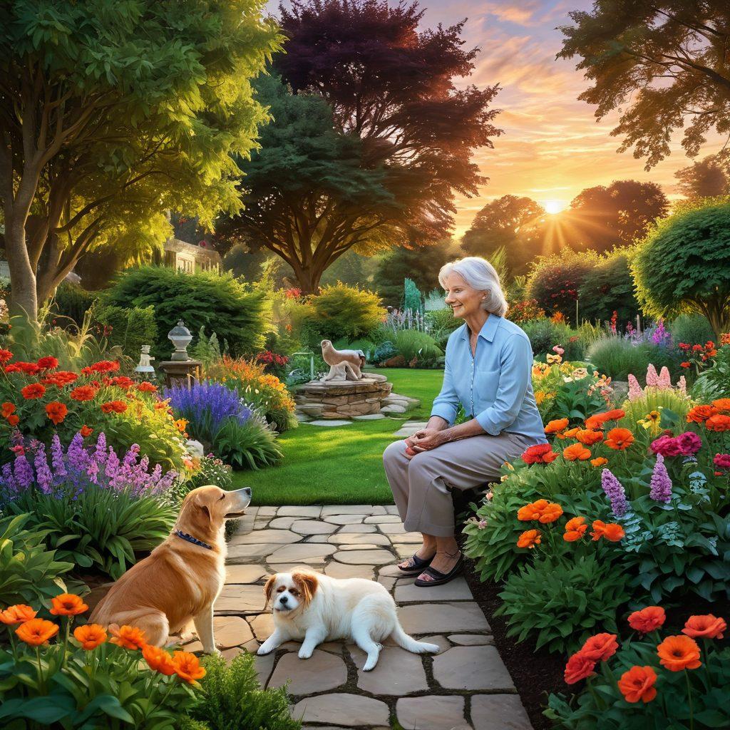 A serene landscape depicting a vibrant sunset over a peaceful garden, where a person with hearing aids joyfully interacts with playful pets, surrounding colorful flowers and lush greenery, symbolizing harmony and happiness. The atmosphere should evoke feelings of peace and joy, with soft glowing light accentuating the scene. super-realistic. vibrant colors. warm tones.