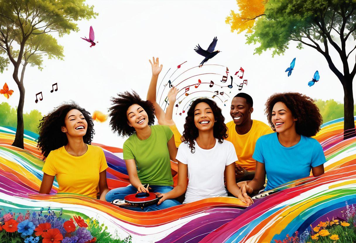 A serene landscape depicting a diverse group of smiling individuals experiencing joy through music vibrations felt in the ground, surrounded by colorful sound waves visually represented in the air. Include elements of nature, like trees and flowers responding to sound energy, and soft, harmonious lighting to evoke a sense of peace and connection. super-realistic. vibrant colors. white background.